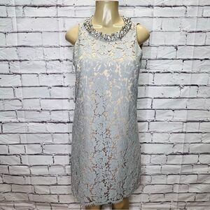 Eliza J Light Grey Lace Rhinestone Neckline Dress